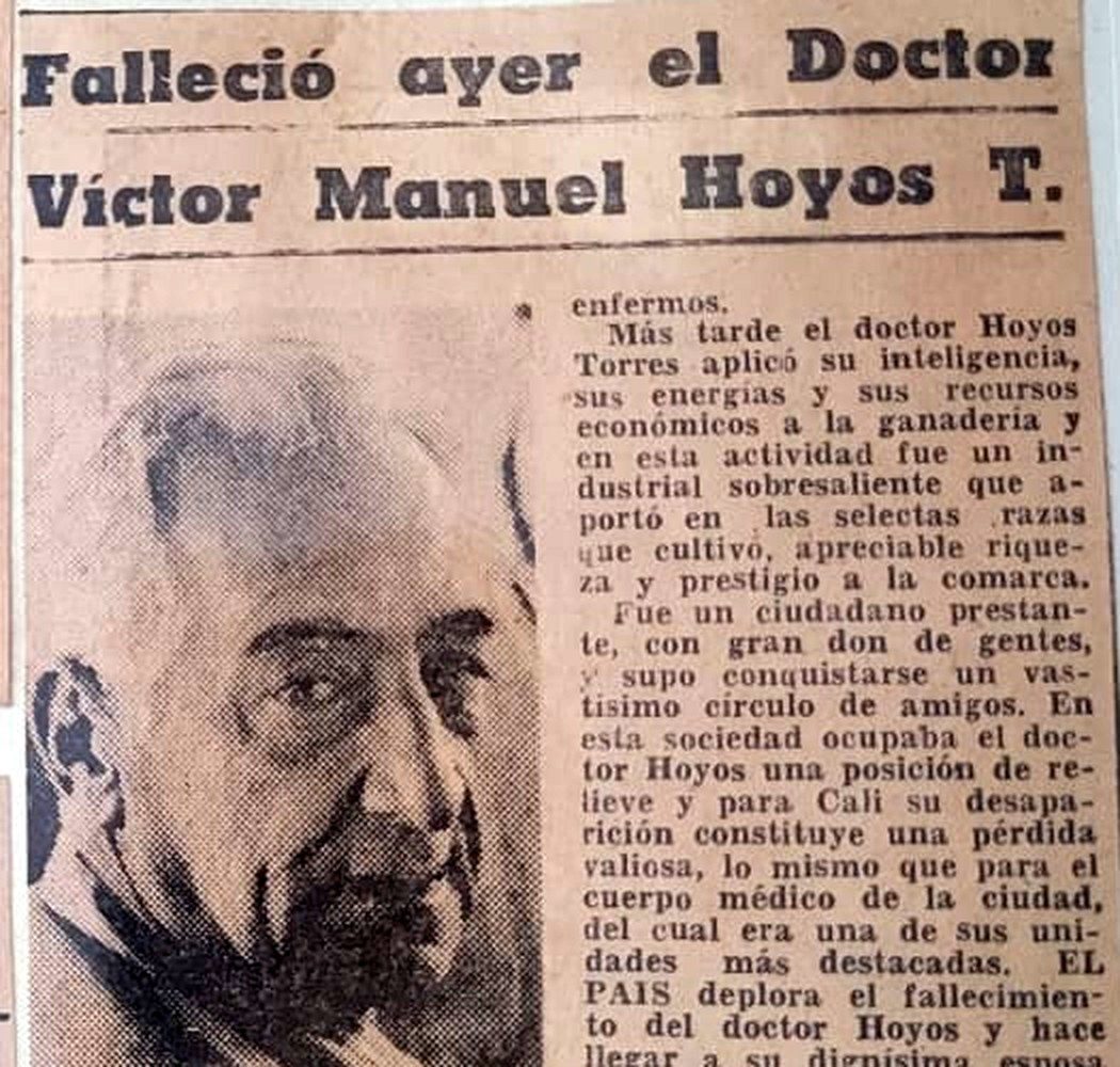 Recorte de El País de Cali: «Falleció ayer el Doctor Víctor Manuel Hoyos T.», con su retrato