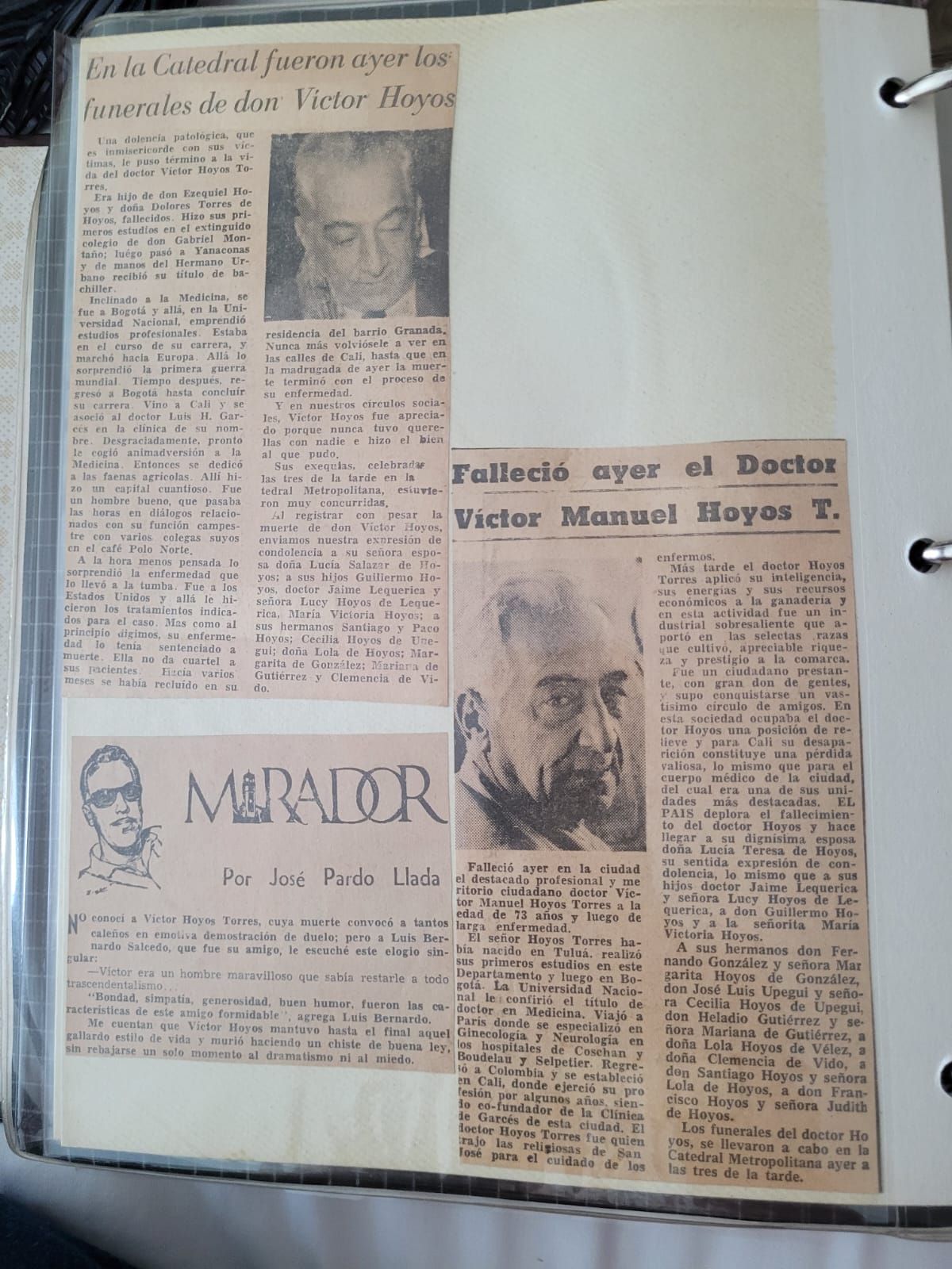 Newspaper clippings about Víctor Hoyos Torres, kept by the family