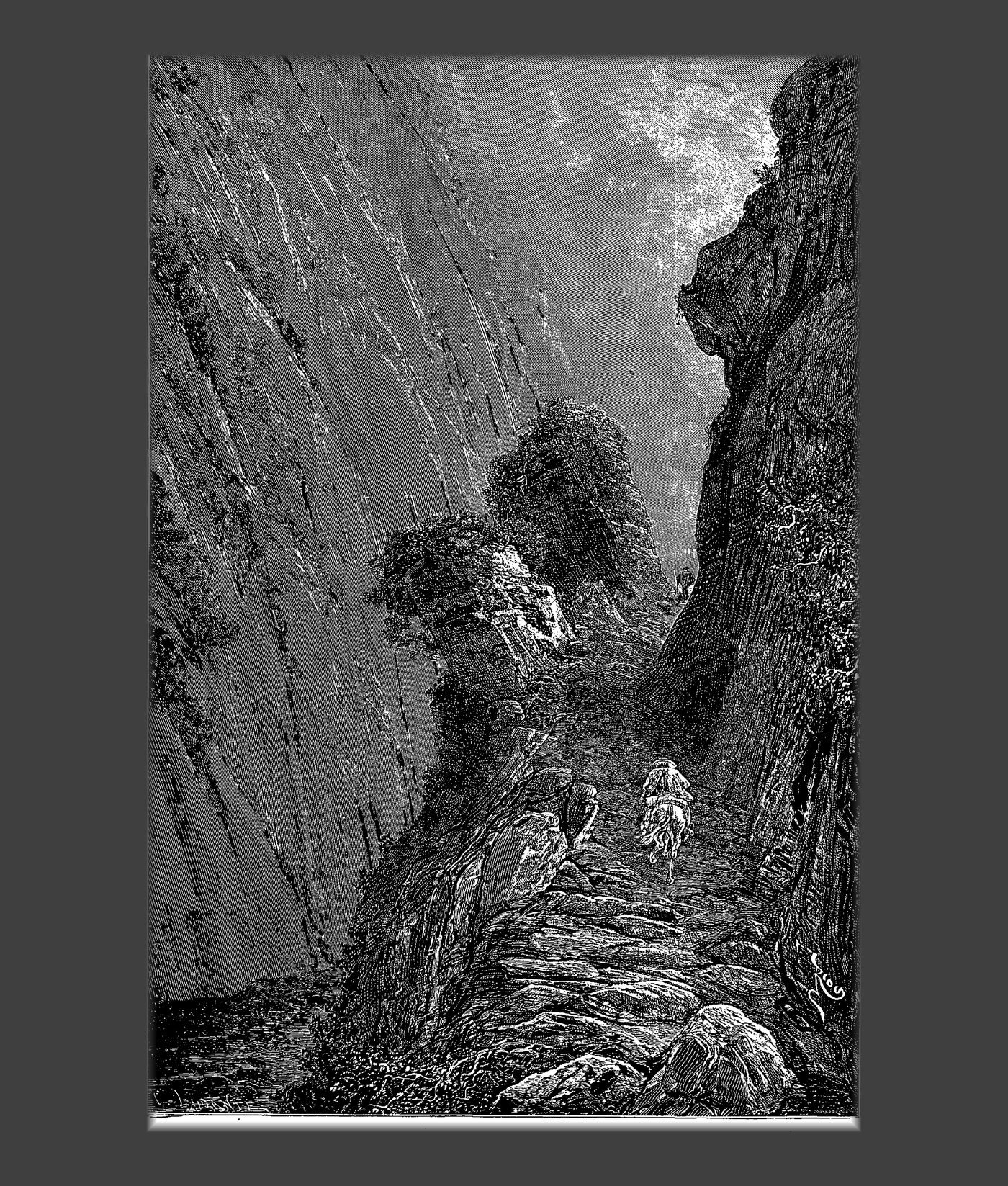 Grabado de grandes rocas y selva en el camino del Dagua