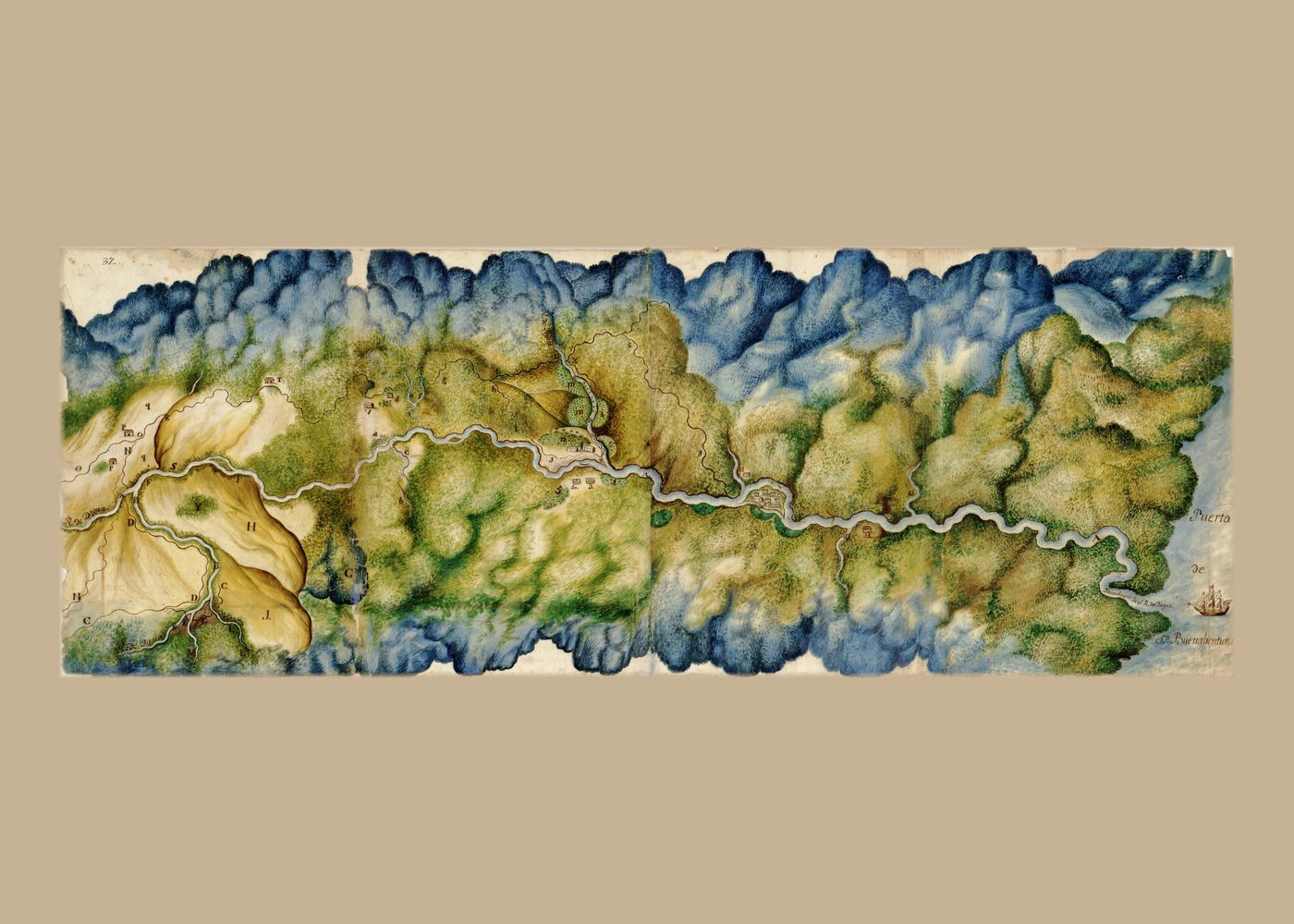 Mapa manuscrito en color del río Dagua, de 1764, con montañas y poblados