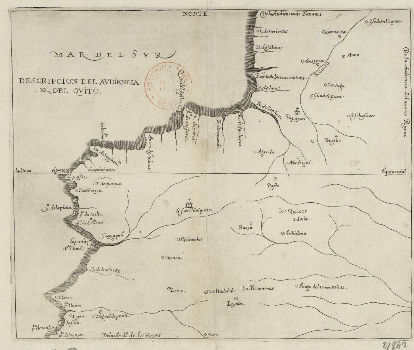 Mapa grabado de la Audiencia de Quito hacia 1601, con Buenaventura, el río Cauca y Popayán