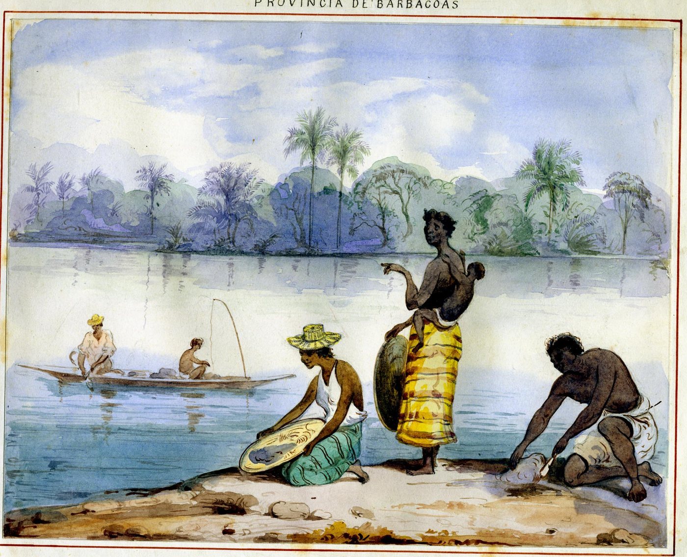 Acuarela de mujeres y hombres que lavan oro en un río del Pacífico, con bateas