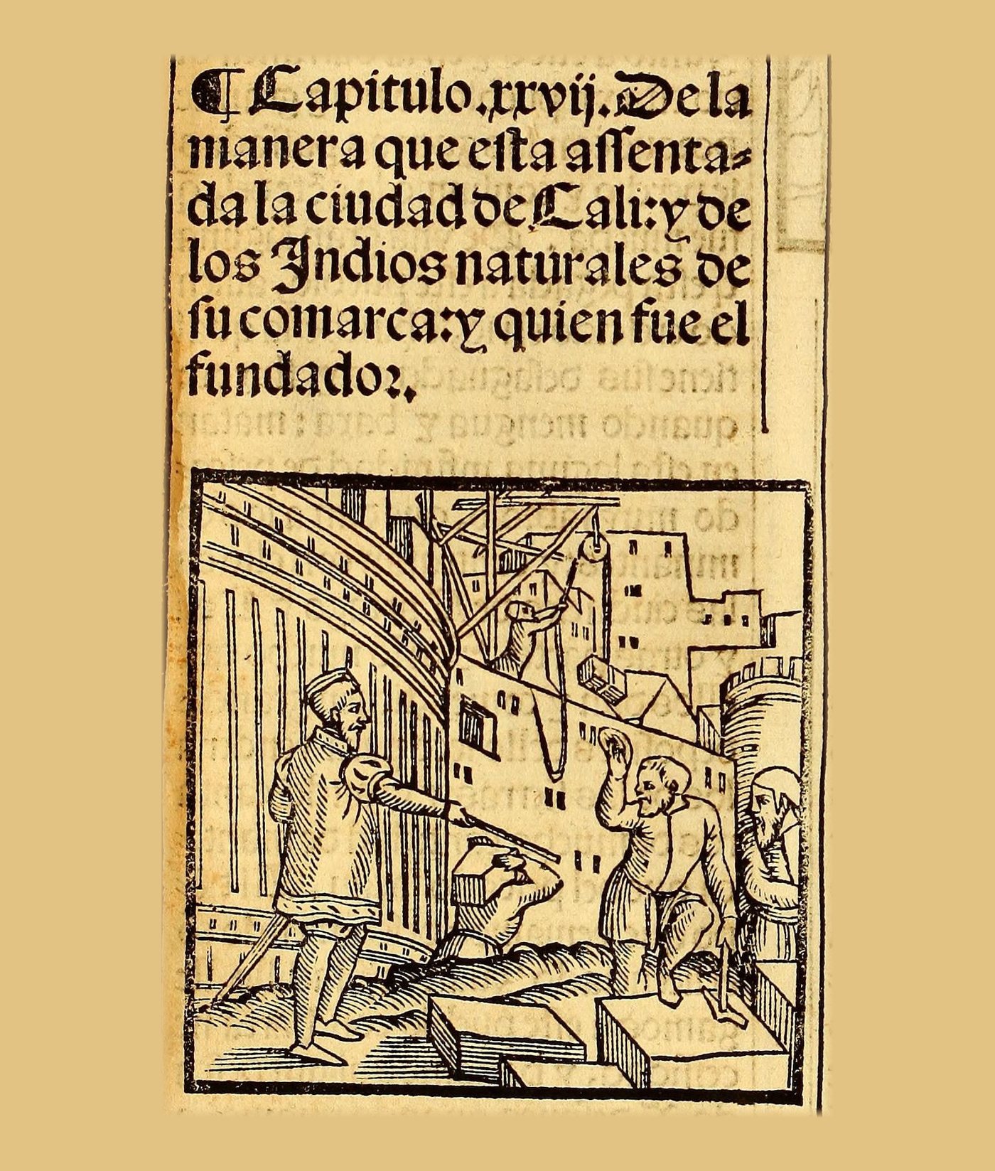 Página impresa en 1553 con el título del capítulo sobre Cali y un grabado en madera