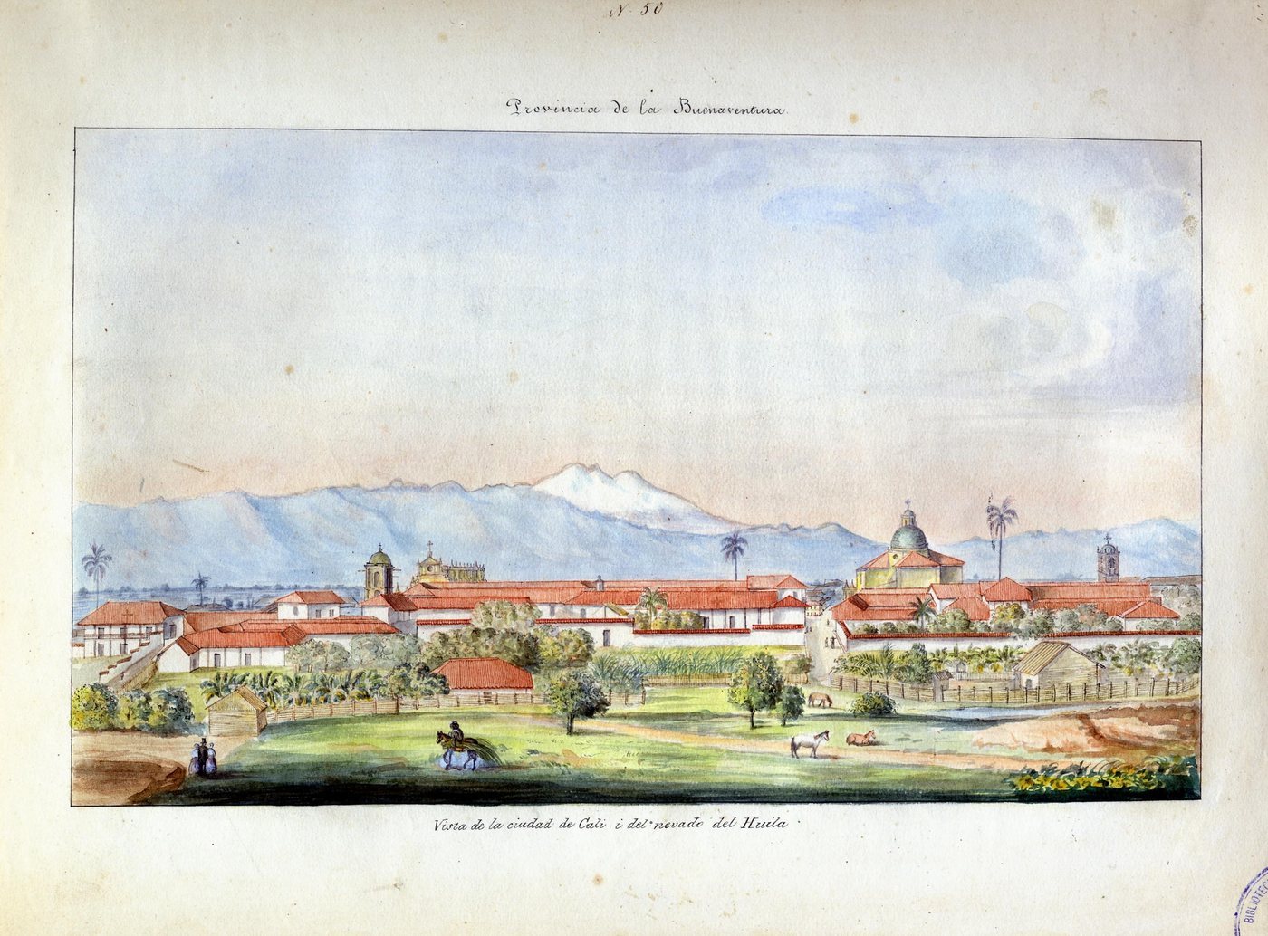 Acuarela de 1853 con la ciudad de Cali en el valle y las montañas al fondo