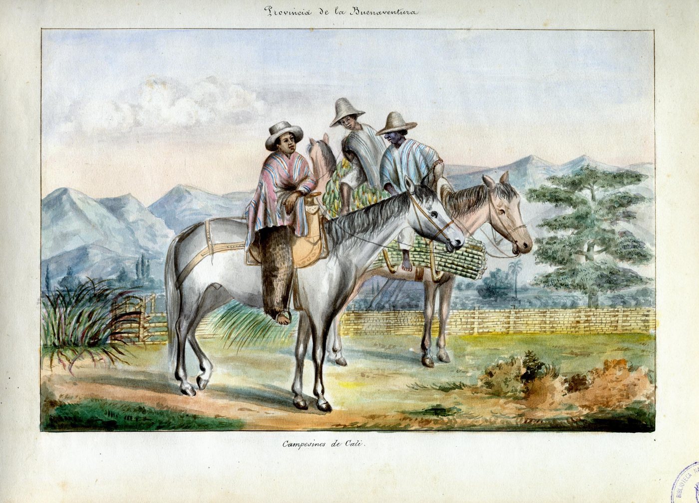 Acuarela de 1853 con campesinos de Cali a caballo, con ruana y sombrero