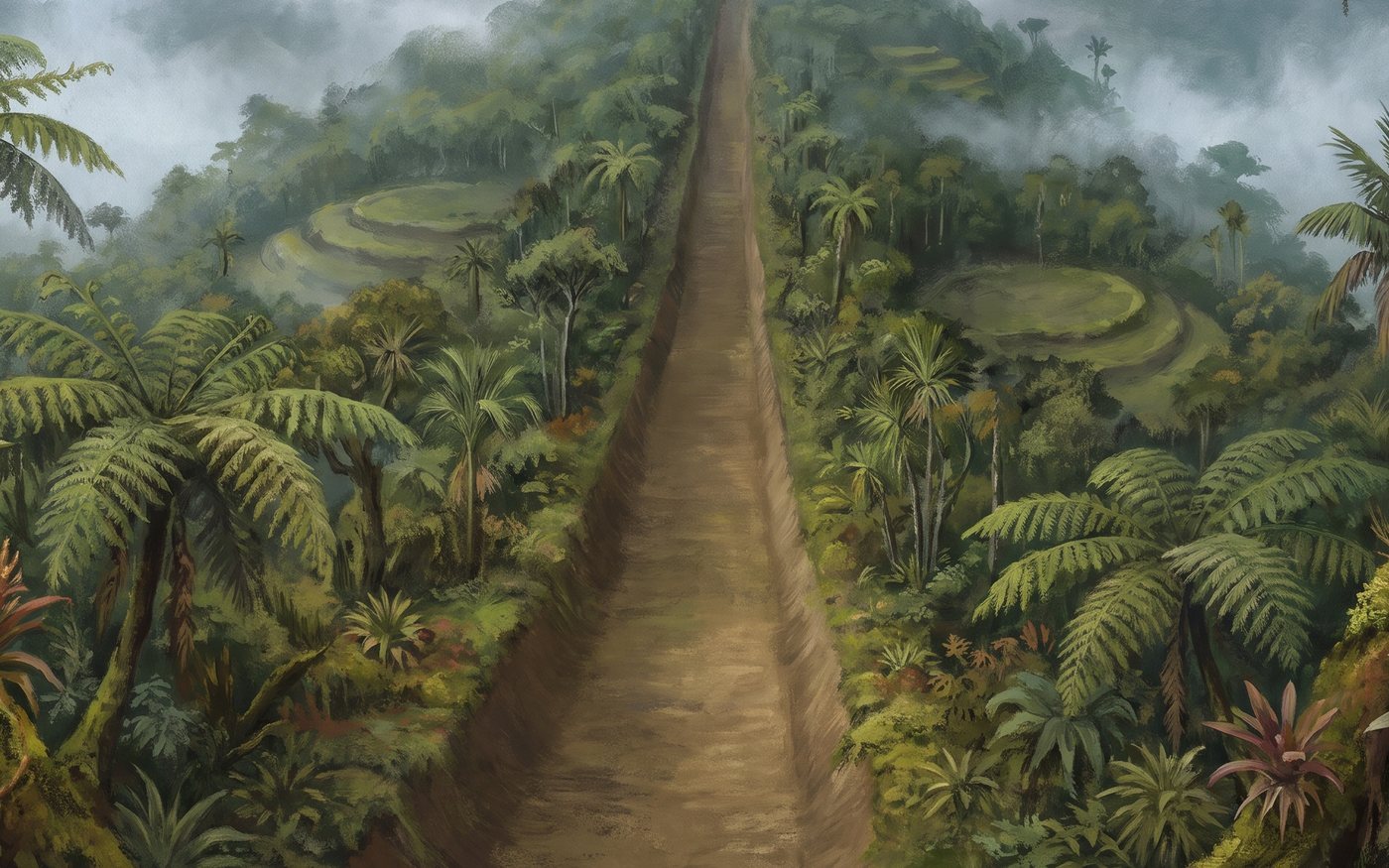 Recreación de un camino antiguo, recto y hundido, que sube una loma entre la selva
