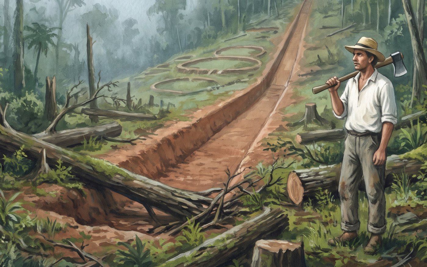 Recreación de un colono con hacha que mira un camino antiguo hundido que aparece entre los árboles tumbados