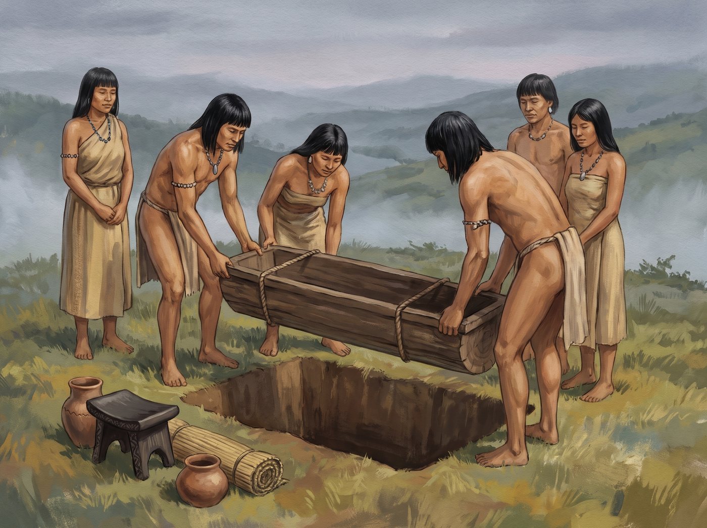 Recreación de un entierro Sonso: bajan un ataúd de madera a un pozo, con un banquito y una estera al lado