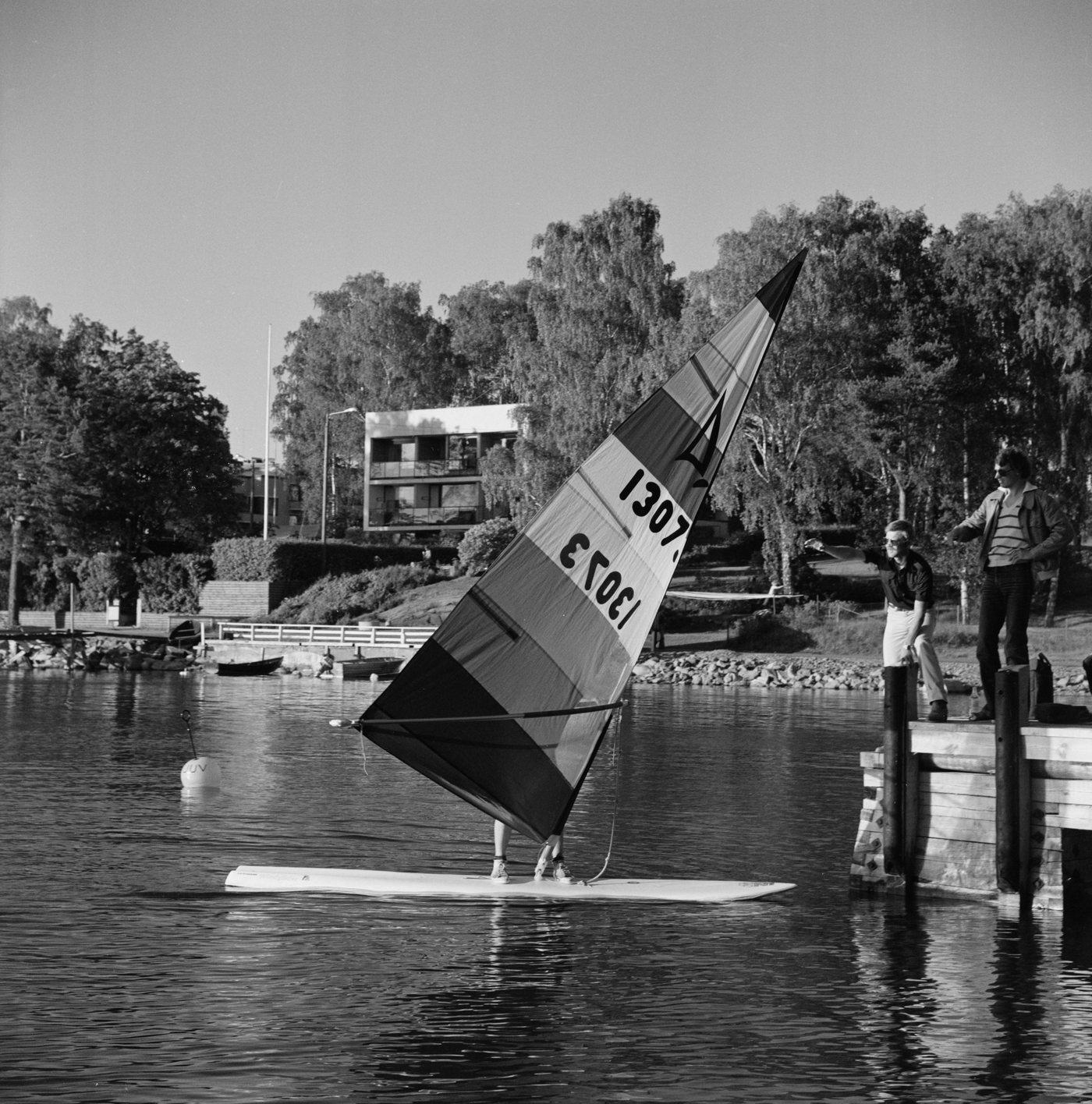 Foto en blanco y negro de windsurfistas con tablas y velas de primera generación en una bahía