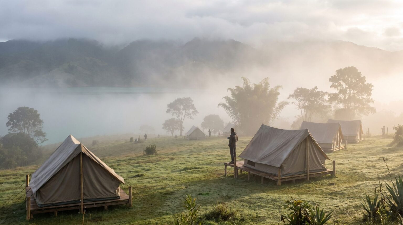 Morning mist over the pasture, with canvas tents on wooden platforms fading into the fog and the lake just visible beyond.