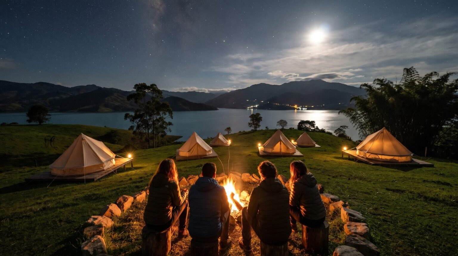 At night, a campfire with people sitting around it and lit tents on wooden platforms, with the moon reflected on Lake Calima and a starry sky.