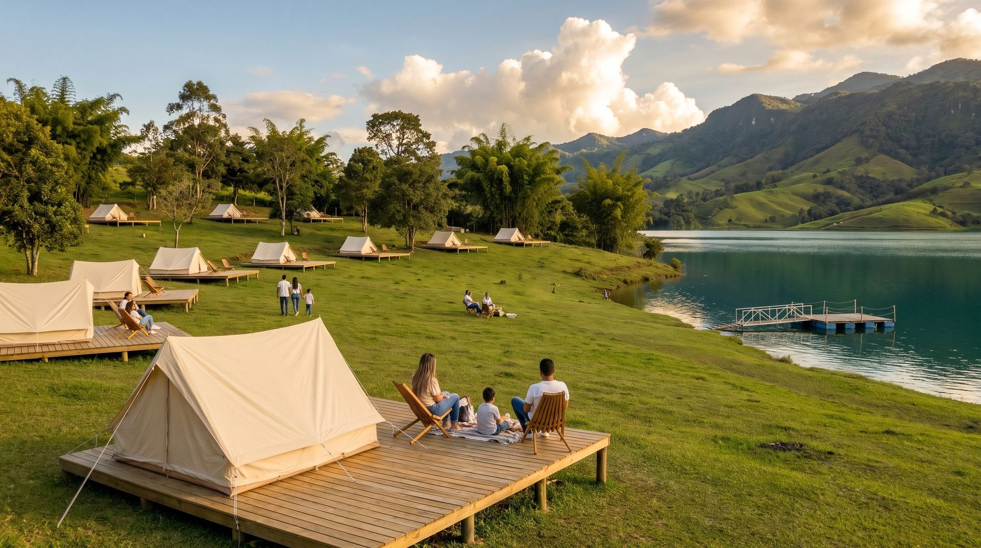 Wooden tent platforms with canvas tents on the sloping pasture, set back from the shore of Lake Calima, with a family sitting in the foreground and mountains beyond.
