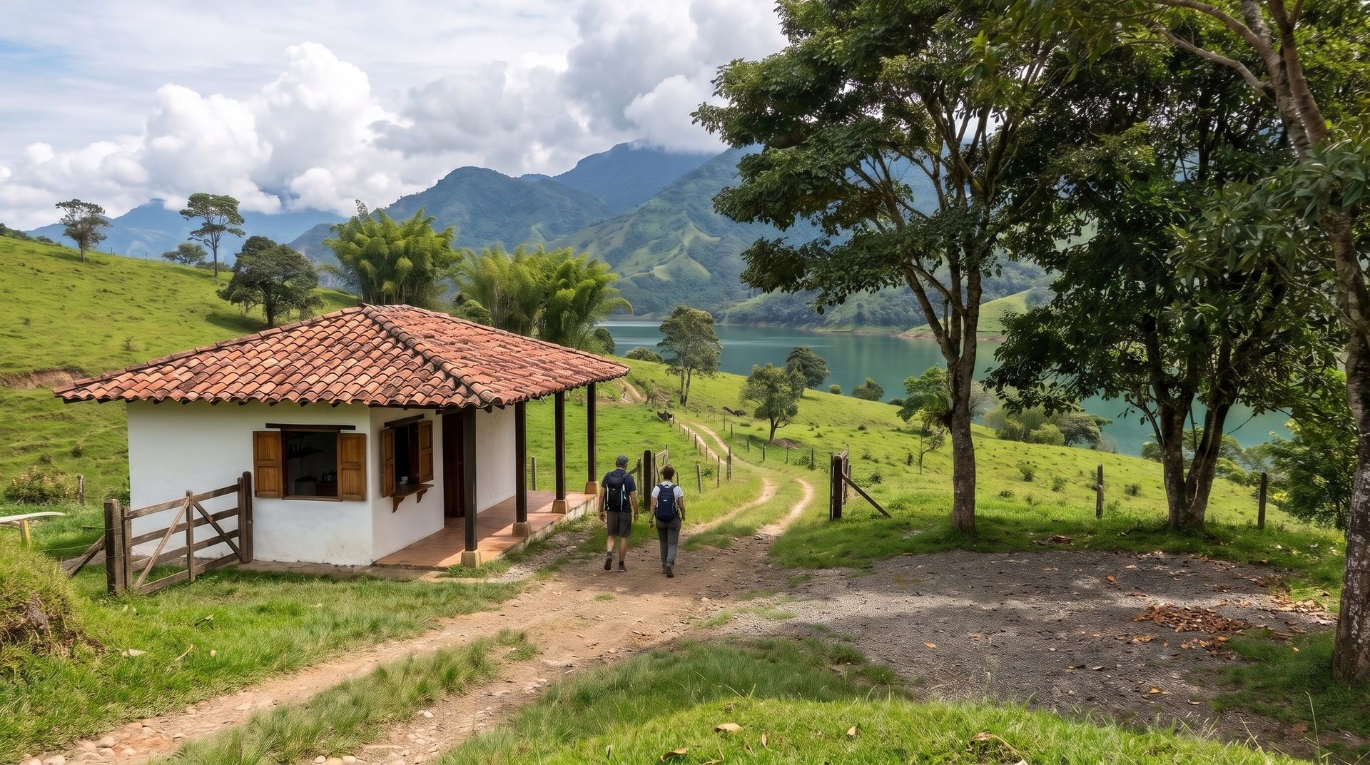 Small reception kiosk with white walls and a clay tile roof beside a timber gate, with a dirt track running down toward Lake Calima.