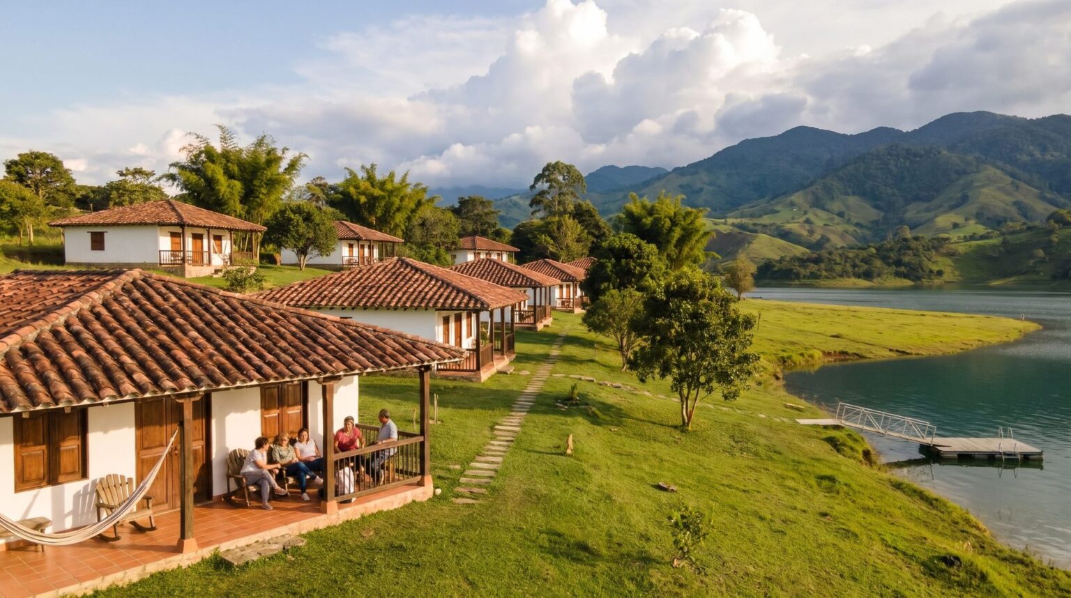Group cabins with white walls, clay tile roofs and timber verandas, spaced among trees on the slope, with a group talking on a veranda.