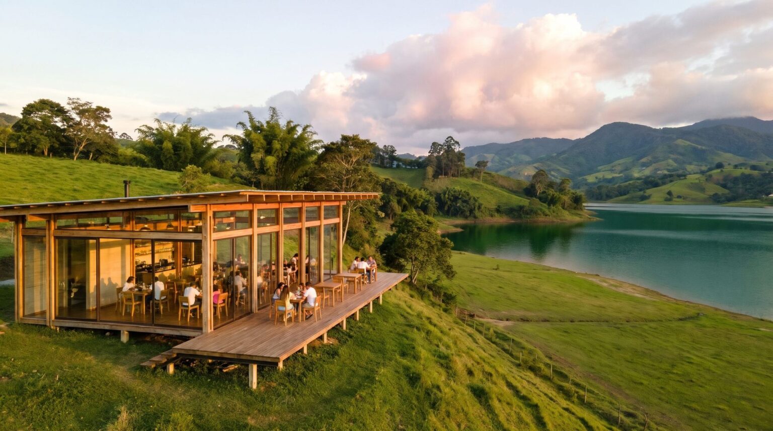 Lookout restaurant: a light glass and timber pavilion cantilevered over the slope, well above the shore of Lake Calima, at sunset.