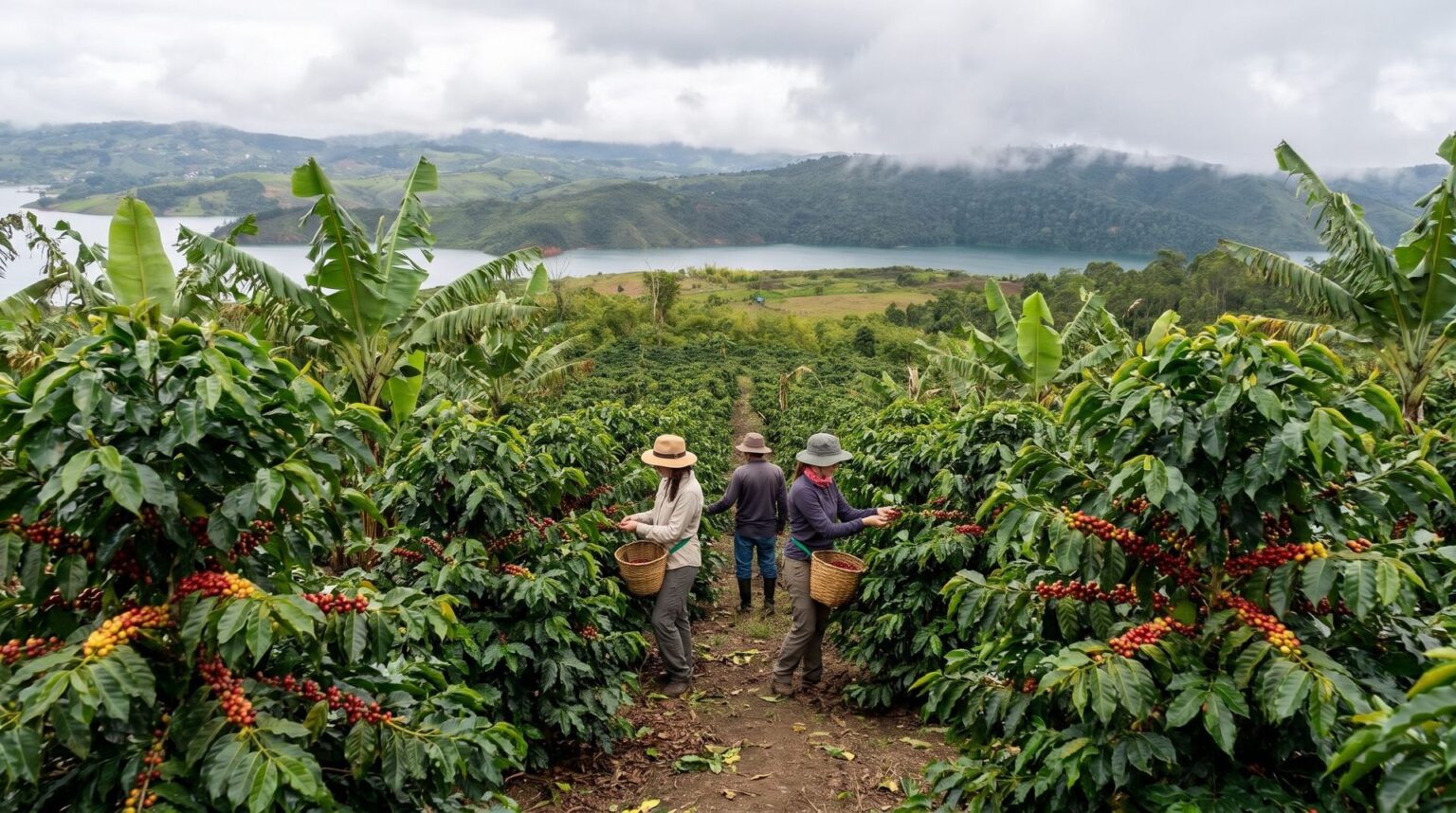 Visitors with baskets at the waist picking red coffee cherries between rows of coffee and plantain, with Lake Calima and misty mountains behind.