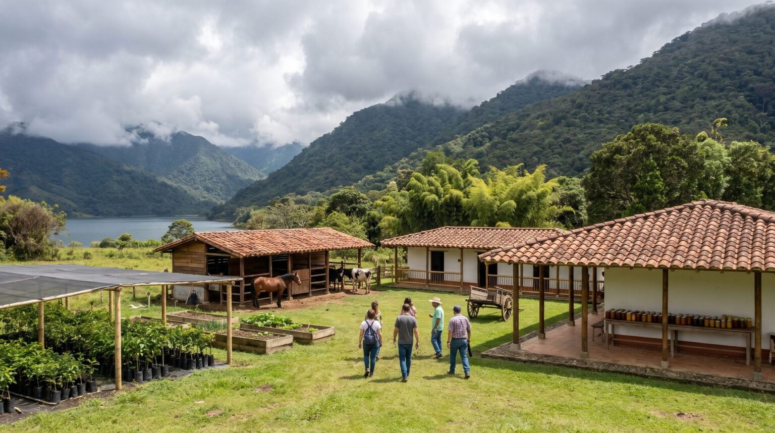 Farm at the foot of the mountain: timber stable with a horse and cows, nursery with seedlings, vegetable beds and a white-walled, tile-roofed preserves kitchen, with forest and mist behind.