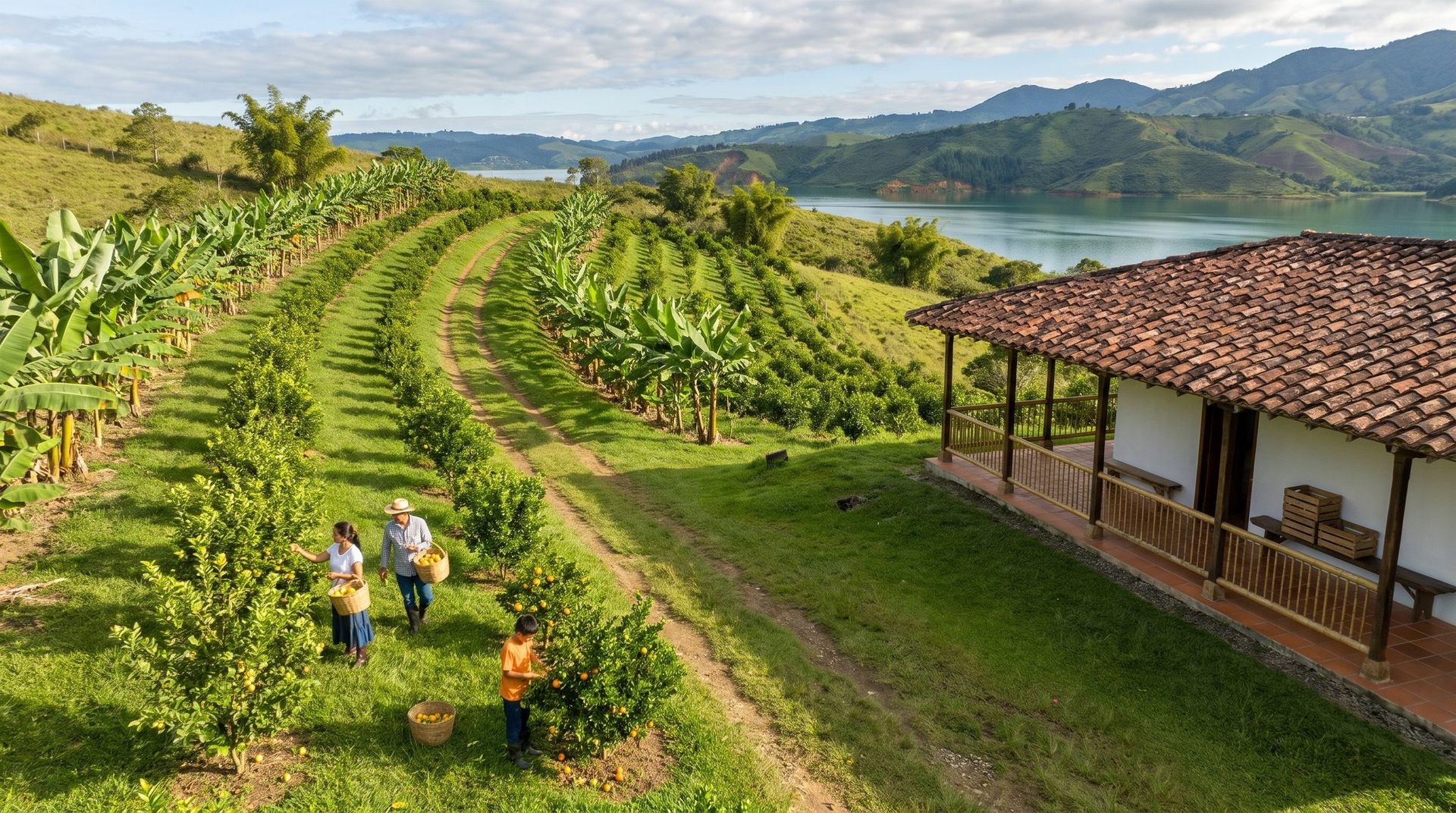 Fruit orchard on the slope with rows of guava and citrus trees and plantain windbreaks, a family picking fruit into baskets and the lake far below.