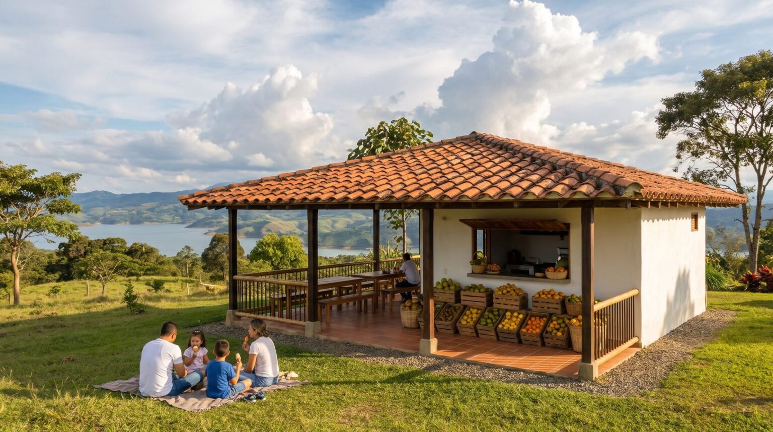 Snack bar with white walls, a clay tile roof and a timber veranda, long tables and baskets of orchard fruit, with families eating ice cream and the lake in the distance.