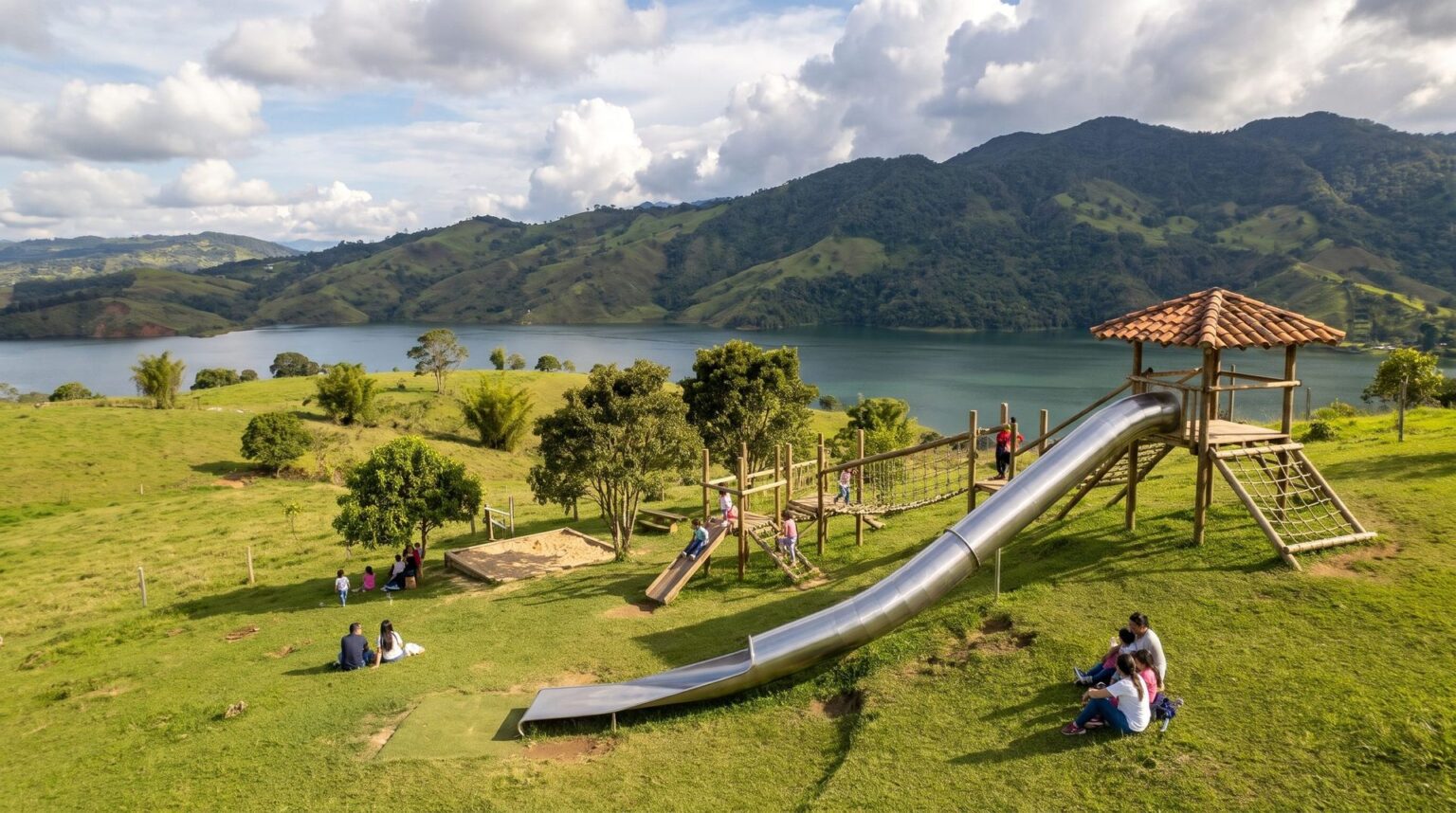 Family park on the hillside: a long slide running down the grass, timber play frames and rope nets, children playing and Lake Calima in the distance.