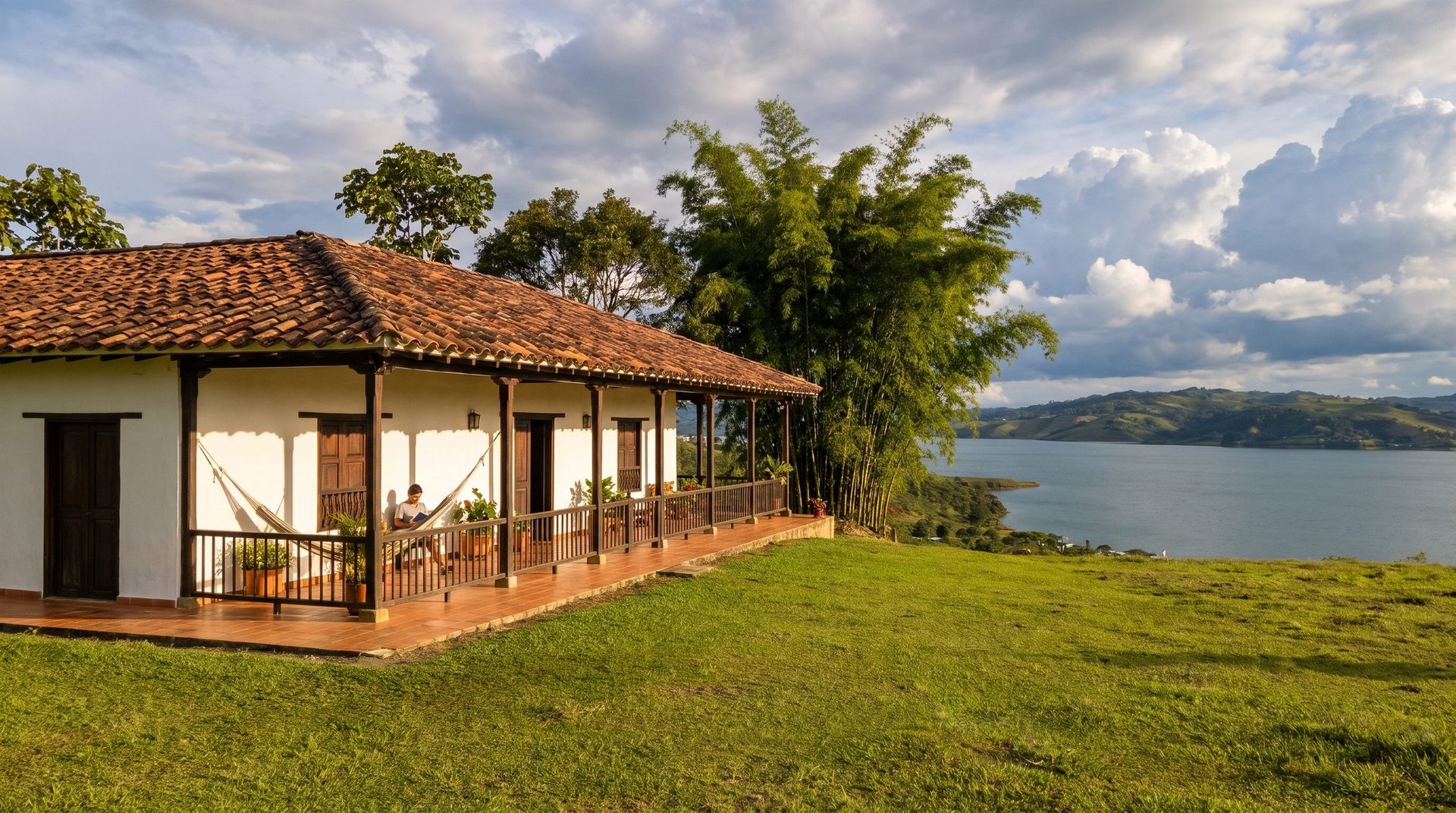 Single-storey hacienda house with white walls, a clay tile roof and a timber veranda with a hammock, on the slope with Lake Calima behind.