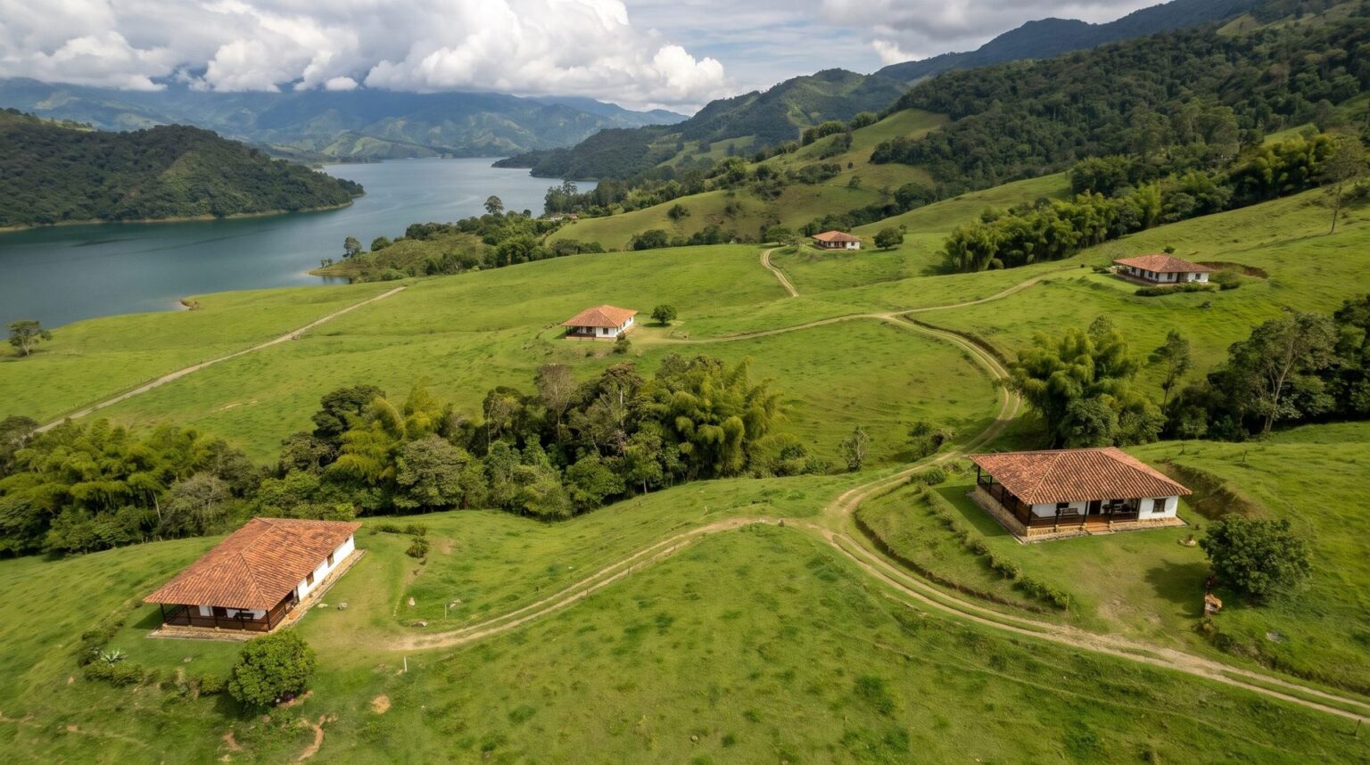 Aerial view of a few white-walled, tile-roofed country houses, widely spaced among pastures and groves on the gentle slope above Lake Calima.