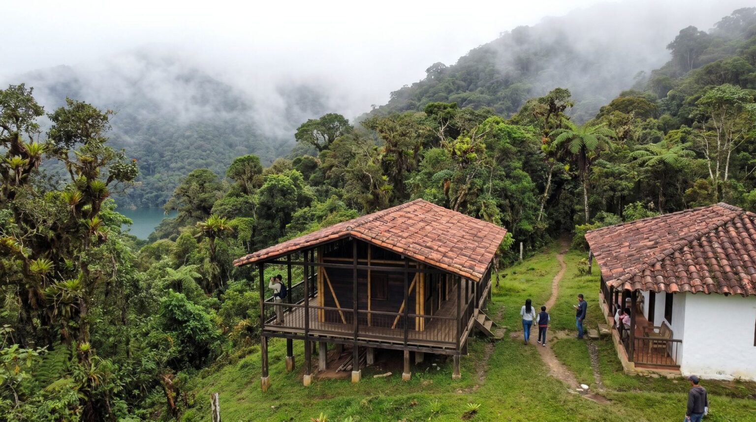 Timber and guadua research station on posts at the edge of the cloud forest, next to the ranger's white house, with a person birdwatching.