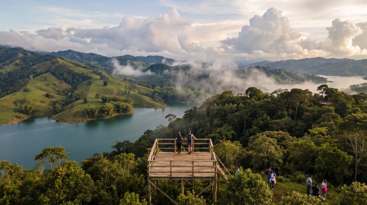 Timber lookout on a ridge above the cloud forest, with two hikers seen from behind looking down at Lake Calima and two more lookouts on distant ridges.