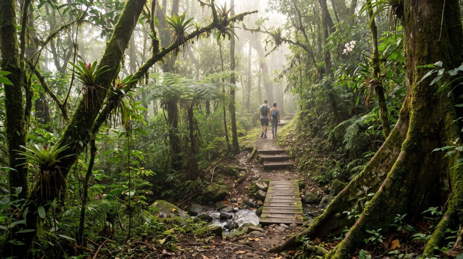 Earth trail in the cloud forest among mossy trunks, tree ferns and bromeliads, with a timber footbridge over a stream and two hikers seen from behind.